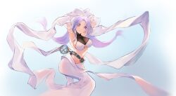 1girl armpits arms_up azur_lane breasts cleavage closed_mouth dress ganj-i-sawai_(azur_lane) gradient_hair highres impasto large_breasts looking_at_viewer modothirly multicolored_hair parted_bangs pink_hair purple_eyes purple_hair smile solo white_dress