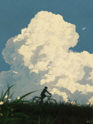 1girl absurdres bicycle blue_sky chinese_commentary cloud cloudy_sky commentary cumulonimbus_cloud day grass highres huashijw original outdoors paper_airplane riding riding_bicycle scenery signature silhouette sky solo wide_shot