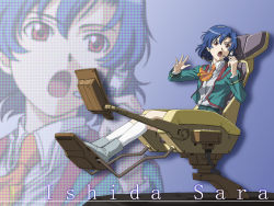 00s 1girl blue_hair brown_eyes chair female_focus gunparade_orchestra headset highres ishida_sara mcq school_uniform sitting solo zoom_layer