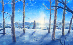 1girl arms_at_sides au_ito bare_tree barefoot bird blue_sky blue_theme blurry bokeh cloud commentary_request depth_of_field dress fantasy floating_hair footprints forest from_behind highres hill lake mountainous_horizon nature original scenery sky sleeveless sleeveless_dress snow solo straight_hair sun sunlight sunset tower tree walking white_dress white_hair wide_shot winter