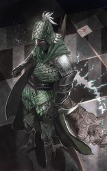 Rule 34 | 1boy, 1other, black gloves, blue eyes, boots, bracer, commentary, corpse, elden ring, elden ring nightreign, english commentary, full body, gloves, green hood, highres, holding, holding knife, ironeye (elden ring), knife, letter, mask, mouth mask, one eye covered, quiver, solo focus, standing, tile floor, tiles, wax seal, yujia0412