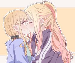 2girls black_bow black_jacket blonde_hair blush bow braid closed_eyes commentary fujita_kotone gakuen_idolmaster hair_bow hand_on_another&#039;s_arm highres hood hoodie idolmaster jacket juo_sena kiss kousaka_0v0 long_hair long_sleeves multicolored_hair multiple_girls orange_hair outline pink_hair ponytail purple_hoodie streaked_hair twin_braids two-tone_background white_background white_outline yellow_background yuri