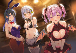 3girls :d absurdres animal_ears apron arms_behind_back bikini black_bikini black_hair black_skirt blurry blurry_background blush breasts brown_pantyhose character_request cleavage cleavage_cutout closed_mouth clothing_cutout collarbone colored_inner_hair commentary_request copyright_request demon_horns demon_wings embarrassed fake_animal_ears fangs hairband heart_cutout highleg highleg_bikini highres horns indoors large_breasts leaning_forward leotard looking_at_viewer maid maid_bikini medium_breasts miniskirt multicolored_hair multiple_girls navel official_art open_mouth pantyhose pink_hair playboy_bunny pleated_skirt purple_hair purple_hairband purple_leotard rabbit_ears red_eyes skirt smile standing strapless strapless_leotard swimsuit thighhighs tomozero two-tone_hair unconventional_maid waist_apron white_hair white_thighhighs wings wrist_cuffs yellow_eyes zettai_ryouiki