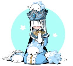 1girl :&gt; blue_headwear blush capelet creatures_(company) crossover crown dress game_freak gen_8_pokemon gloves hand_on_own_cheek hand_on_own_face identity_v jewelry long_sleeves necklace nintendo on_head pokemon pokemon_(creature) simple_background sitting smile snom sophia_(identity_v) sparkle tsumumi_(kandume103) two-tone_background veil veil_over_eyes white_gloves