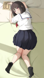 Rule 34 | 1girl, absurdres, bed sheet, black hair, black socks, blue skirt, bob cut, book, commentary request, commission, full body, gibun (sozoshu), green eyes, highres, holding, holding book, legs, looking at viewer, looking back, lying, multicolored eyes, neckerchief, on bed, on stomach, osanai yuki, pink eyes, pixiv commission, pleated skirt, red neckerchief, sailor collar, school uniform, serafuku, short hair, short sleeves, shoushimin series, skirt, smile, socks, solo, teeth, two-tone eyes