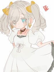 Rule 34 | 1girl, blue eyes, blush, bow, breasts, ceras yanagida lilienfeld, col person, collarbone, commentary, cowboy shot, deformed, drawn crown, dress, drill hair, english commentary, expressionless, grey hair, hair bow, hair ribbon, highres, link! like! love live!, long hair, looking at viewer, love live!, medium breasts, multiple drills, puffy short sleeves, puffy sleeves, ribbon, short sleeves, sidelocks, simple background, skirt hold, solo, standing, virtual youtuber, white background, white dress, world is mine (vocaloid), yellow bow, yellow ribbon