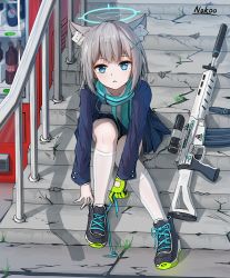 1girl absurdres animal_ear_fluff animal_ears artist_name assault_rifle black_shoes blue_archive blue_eyes blue_jacket blue_necktie blue_scarf blue_skirt can cola commentary_request drink_can full_body gloves green_gloves grey_hair gun halo highres jacket kneehighs leaning_forward long_hair long_sleeves looking_at_viewer necktie nokoo open_clothes open_jacket pepsi pleated_skirt railing rifle scarf scope shiroko_(blue_archive) shirt shoes sig_sauer_556 signature single_glove sitting sitting_on_stairs skirt socks soda_bottle soda_can solo stairs stone_stairs tying_footwear vending_machine weapon white_shirt white_socks