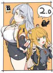 2girls animal_ear_fluff animal_ears bird black_bird black_gloves black_skirt breasts cleavage cowboy_shot elbow_gloves fingerless_gloves gloves green_eyes hair_ornament high-waist_shorts highres jacket ju_fufu large_breasts long_hair looking_at_viewer multiple_girls orange_fur shorts single_elbow_glove single_hair_intake skirt smile speech_bubble striped_fur tiger_ears tiger_girl tiger_stripes user_pjmm3847 white_hair yellow_eyes yellow_jacket yin_yang_pin yixuan_(zenless_zone_zero) zenless_zone_zero