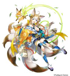 1girl :d ahoge animal_ears aqua_eyes blonde_hair blue_eyes breasts cleavage commentary_request fox fox_ears fox_girl fox_tail full_body furisode japanese_clothes kimono komeko_(gumi) long_hair looking_at_viewer official_art open_mouth platform_footwear second-party_source smile socks solo ta_ga_tame_no_alchemist tabi tail tamamo_(ta_ga_tame_no_alchemist) teeth thighhighs upper_teeth_only very_long_hair white_socks yellow_kimono zettai_ryouiki