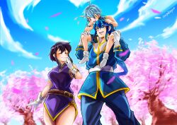1boy 2girls absurdres belt bike_shorts black_hair blue_eyes blue_hair blue_sky blush boots carrying cherry_blossoms child child_carry closed_eyes cloud commission commissioner_upload falling_petals family father_and_daughter fire_emblem fire_emblem:_genealogy_of_the_holy_war from_below gloves headband heart highres if_they_mated larcei_(fire_emblem) long_hair looking_at_another mother_and_daughter multiple_girls nintendo on_shoulder open_mouth original outdoors pants petals ponytail purple_eyes purple_tunic seliph_(fire_emblem) short_hair sitting_on_shoulder skeb_commission sky sleeveless smile standing tree tunic ya-don