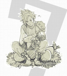 1990s_(style) 1boy baby_bottle bird bottle chick chocobo cloud_strife dissidia_final_fantasy feeding final_fantasy final_fantasy_vii gloves j_(onose1213) monochrome nest square_enix