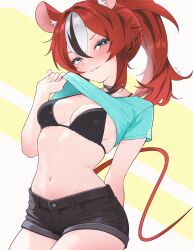 1girl animal_ear_fluff animal_ears arm_behind_back black_bra black_choker black_hair blue_eyes blue_shirt blush bra breasts choker clothes_lift colored_tips commentary crossed_bangs double-parted_bangs english_commentary fang hair_between_eyes hakos_baelz highres hololive hololive_english looking_at_viewer medium_breasts mouse_ears mouse_girl mouse_tail multicolored_hair navel parted_lips ponytail red_hair shirt shirt_lift short_hair short_shorts shorts sidelocks sk_jynx solo stomach streaked_hair t-shirt tail textless_version twitter_strip_game underwear virtual_youtuber white_hair