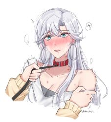 Rule 34 | !?, 2girls, bite mark, bite mark on shoulder, blue eyes, blush, collar, commentary request, earrings, hand on another&#039;s arm, hickey, holding, holding leash, hoop earrings, iris wen, jewelry, komitaki, leash, love curse: find your soulmate, multiple girls, off shoulder, saliva, selene yan, shirt, simple background, spoken interrobang, sweater, tears, tongue, tongue out, twitter username, white background, white shirt, yellow sweater, yuri