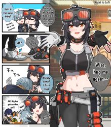 1boy 2girls bare_shoulders belle_(zenless_zone_zero) black_gloves black_hair blue_hair breasts crop_top english_text engrish_text gloves goggles goggles_on_head grace_howard green_eyes hair_between_eyes highres kulojawa large_breasts looking_at_viewer midriff multiple_girls navel pants ranguage red_eyes short_hair sports_bra wise_(zenless_zone_zero) zenless_zone_zero