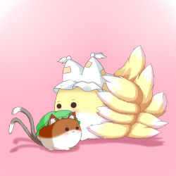 :3 animal_ears blush cat_ears cat_tail chen fox_tail hat multiple_tails no_humans noiz pink_background simple_background solid_circle_eyes sukusuku_hakutaku tail touhou yakumo_ran