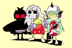 3girls barefoot bucket_hat cigarette cigarette_holder cleaver commentary cosplay eternity_larva fear_and_loathing_in_las_vegas friday_the_13th glowing glowing_eyes green_hair grey_hair hat hockey_mask horns jason_voorhees jason_voorhees_(cosplay) komano_aunn long_hair machete mask mothman multiple_girls raoul_duke raoul_duke_(cosplay) red_eyes sakata_nemuno setz shorts silhouette single_horn sketch sunglasses tinted_eyewear touhou wings yellow-tinted_eyewear yellow_background