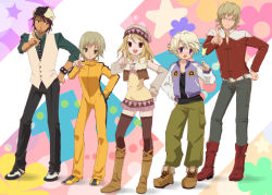 Rule 34 | 2girls, 3boys, ^ ^, bad id, bad pixiv id, bare shoulders, barnaby brooks jr., belt, blonde hair, blush, boots, bracelet, brown eyes, brown hair, brown legwear, bruce lee&#039;s jumpsuit, newsboy cap, closed eyes, earrings, facial hair, glasses, green eyes, hare hare yukai, hat, huang pao-lin, ivan karelin, jacket, jewelry, kaburagi t. kotetsu, karina lyle, letterman jacket, long hair, multiple boys, multiple girls, necktie, parody, purple eyes, red jacket, short hair, stubble, studded belt, suzumiya haruhi no yuuutsu, tears, thighhighs, tiger &amp; bunny, vest, waistcoat, watch, wristwatch, yamagotta, zettai ryouiki