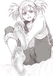 1girl asikoma7777 barefoot bleach clenched_teeth feet freckles highres long_hair looking_at_viewer monochrome sarugaki_hiyori soles teeth toes track_suit