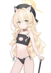 1girl absurdres animal_ears bell beret black_bra black_choker black_hat black_panties blonde_hair blue_archive blush bra breasts cane cat_cutout cat_ear_panties cat_ears cat_lingerie choker ciza_gomi cleavage_cutout clothing_cutout collarbone commentary_request cowboy_shot fake_animal_ears fluffy_hair frilled_bra frills gluteal_fold green_eyes hair_between_eyes halo hat highres holding holding_cane light_smile loli long_hair meme_attire naughty_face navel neck_bell panties professor_niyaniya_(blue_archive) side-tie_panties side_ahoge simple_background small_breasts solo string_panties string_pull underwear underwear_only upper_body very_long_hair white_background yellow_halo