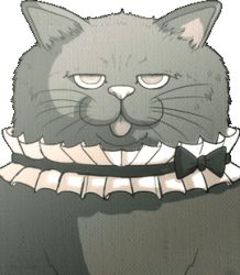 :3 animal_ears black_bow black_bowtie black_fur bow bowtie brown_hair cat cat_ears collar danganronpa_(series) danganronpa_another_episode:_ultra_despair_girls frilled_collar frills fur grand_bois_chu00e9ri_ludenberg komatsuzaki_rui lowres official_art simple_background suzaki_rui tongue tongue_out upper_body white_background white_collar white_neckwear