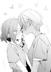 2girls blush bow_hairband candy commentary earrings ebizuka_tomo food girls_band_cry greyscale hairband heart highres holding holding_candy holding_food holding_lollipop jewelry lollipop looking_at_another lwmina70119 medium_hair monochrome multiple_girls nail_polish rupa_(girls_band_cry) shirt short_hair short_sleeves stud_earrings sweatdrop upper_body yuri