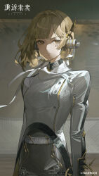 1girl absurdres blonde_hair blunt_bangs blunt_ends bob_cut closed_mouth coat copyright_name copyright_notice grey_pants highres indoors logo long_sleeves mark_under_eye mechanical_ears official_art official_wallpaper pants pointer_(reverse:1999) reverse:1999 shade short_hair solo upper_body white_coat yellow_eyes