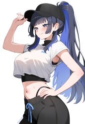 1girl absurdres alternate_costume baseball_cap black_hat black_panties black_pants black_shirt blue_eyes blue_hair blush breasts closed_mouth commentary cowboy_shot crop_top crop_top_overhang ear_piercing earrings english_commentary from_side hand_on_headwear hand_on_own_hip hat highleg highleg_panties highres hololive hololive_english jewelry large_breasts long_hair midriff multiple_piercings navel nek00nyx8 ouro_kronii panties pants panty_straps piercing ponytail shirt short_sleeves simple_background smile solo standing stud_earrings sweat sweatpants turtleneck turtleneck_shirt twitter_username underwear very_long_hair virtual_youtuber white_background white_shirt