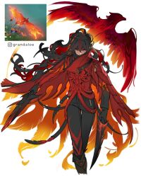 1boy animalization bird black_gloves black_hair black_headband black_pants black_shirt cape commentary covered_mouth cropped_legs diluc_(genshin_impact) dual_wielding english_commentary game_screenshot_inset genshin_impact gloves grandaloe hair_between_eyes headband high_collar highres holding holding_sword holding_weapon instagram_logo instagram_username jacket long_hair looking_at_viewer male_focus multicolored_hair pants personification phoenix red_cape red_eyes red_hair red_jacket reference_inset role_reversal shirt simple_background standing sword two-tone_hair weapon white_background