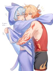 2boys animal_ear_hood arm_tattoo armpit_crease black_shorts blonde_hair blue_eyes blue_hair blue_hoodie blue_pajamas blue_pants blush closed_mouth clothes_lift cosplay drooling earrings english_text fake_animal_ears fake_tail gradient_hair hair_between_eyes highres honkai:_star_rail honkai_(series) hood hood_up hoodie hoodie_lift hug jewelry kigurumi male_focus multicolored_hair multiple_boys mydei_(honkai:_star_rail) notice_lines one_eye_closed open_mouth pajamas pants parted_lips phainon_(honkai:_star_rail) red_hair red_tank_top saliva shirokumun shorts tail tank_top tattoo two-tone_hair yaoi