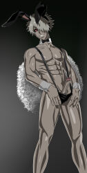 Rule 34 | 1boy, abs, absurdres, costume, highres, juuni taisen, looking at viewer, male focus, muscular, muscular arms, muscular legs, muscular male, penis, rabbit ears, rabbit tail, red eyes, sexyanimes, smile, standing, usagi (juuni taisen), white hair
