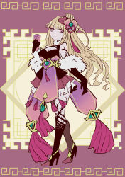 Rule 34 | 1girl, armpit crease, black dress, black footwear, black gloves, black thighhighs, blonde hair, breasts, brown dust (series), brown dust 2, chinese clothes, cleavage, closed mouth, dot mouth, dress, elbow gloves, eleaneer (brown dust 2), full body, fur shawl, gloves, hair ornament, hair rings, high heels, highres, large breasts, long hair, looking at viewer, meander, pink skirt, purple background, purple eyes, shawl, single hair ring, skirt, solo, stiletto heels, thighhighs, thorn print, tn scallion, two-tone skirt, very long hair, white skirt