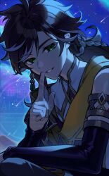 1boy black_gloves braid brown_hair cape elbow_gloves finger_to_mouth fingerless_gloves genshin_impact gloves green_eyes grin low_ponytail male_focus mt_gnsn night night_sky orange_cape ponytail sethos_(genshin_impact) sitting sky smile solo teeth upper_body