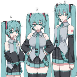 3girls :/ absurdres aged_down alternate_breast_size aqua_eyes aqua_hair aqua_necktie black_thighhighs breasts channel_(caststation) chart curvy detached_sleeves duplicate flat_chest hands_on_own_hips hatsune_miku hatsune_miku_breast_size_comparsion_(meme) headset height_difference height_lineup highres large_breasts long_hair medium_breasts meme miniskirt multiple_girls multiple_persona necktie number_tattoo open_mouth pixel-perfect_duplicate pleated_skirt shirt shoulder_tattoo simple_background skirt sleeveless sleeveless_shirt sleeves_past_fingers sleeves_past_wrists smile sweatdrop tattoo thighhighs twintails very_long_hair vocaloid zettai_ryouiki