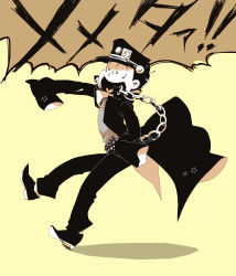 Rule 34 | 10s, 1boy, bad id, bad pixiv id, belt, black hair, chain, cosplay, from side, full body, gakuran, hat, heart, heart in mouth, highres, jewelry, jojo no kimyou na bouken, kuujou joutarou, kuujou joutarou (cosplay), long coat, long sleeves, male focus, matsuno jyushimatsu, monochrome, ono daisuke, osomatsu-kun, osomatsu-san, osomatsu (series), pants, pointing, ring, sameko, school uniform, shadow, shoes, simple background, sleeves past wrists, solo, speech bubble, star (symbol), text focus, translation request, voice actor connection, yellow background