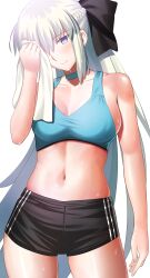 1girl absurdres bare_shoulders black_bow blue_eyes blush bow braid breasts cleavage commentary english_commentary fate/grand_order fate_(series) grey_hair half_up_braid highres large_breasts long_hair longdq3008 looking_at_viewer morgan_le_fay_(fate) navel ponytail sidelocks solo thighs very_long_hair