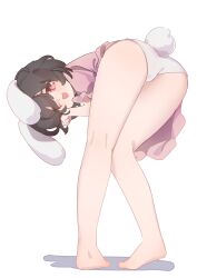 1girl absurdres animal_ears ass bare_legs barefoot bent_over black_hair dress floppy_ears from_behind full_body gumingdi_ban highres inaba_tewi looking_at_viewer looking_back open_mouth panties pink_dress rabbit_ears rabbit_girl rabbit_tail red_eyes short_hair short_sleeves simple_background solo standing tail touhou underwear white_background white_panties