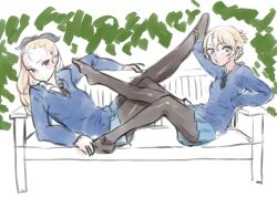 2girls abaratani_kurou assam_(girls_und_panzer) bench black_bow black_pantyhose blonde_hair blue_skirt blue_sweater blush bow braid collared_shirt darjeeling_(girls_und_panzer) girls_und_panzer hair_bow highres leaning_back legs_up long_hair miniskirt multiple_girls on_bench pantyhose pleated_skirt school_uniform shirt skirt st._gloriana&#039;s_school_uniform sweater white_shirt