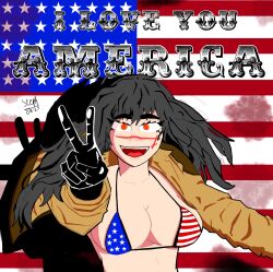 Rule 34 | american flag, american flag bikini, american flag print, bikini, black hair, blood, blood splatter, breasts, brown jacket, chainsaw man, flag print, flag print bikini, highres, jacket, medium breasts, open mouth, print bikini, red eyes, scar, scar on face, string bikini, suutefan, swimsuit, thick eyebrows, v, war devil (chainsaw man), yoru (chainsaw man)
