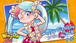 1girl aqua_eyes aqua_hair arm_behind_back arm_behind_head bare_arms beach birthday blue_pupils blue_sky character_background character_name closed_mouth cloud commentary copyright_name cowboy_shot day english_commentary english_text eyelashes eyepatch flower flower_necklace gumchi gungho hair_flower hair_ornament halftone hand_on_own_hip happy_birthday hibiscus jewelry lei logo looking_at_viewer lucy_(ninjala) medical_eyepatch necklace ninjala ocean official_art one_eye_covered outdoors outline palm_leaf palm_tree photo_(object) pink_hair polka_dot polka_dot_background purple_outline red_skirt red_tube_top rianti-wong second-party_source shade shuriken skirt sky smile solo strapless swept_bangs tree tube_top vacation water weapon white_flower