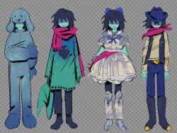 1other animal_costume blue_bow blue_skin bow checkered_background colored_skin cosplay cowboy_hat deltarune dog_costume dress hair_bow hair_over_eyes hat highres kris_(dark_world)_(deltarune) kris_(deltarune) morick official_alternate_costume partially_shaded_face ralsei ralsei_(cosplay) scarf vest