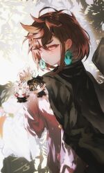 1boy 1girl ayase_momo black_hair black_jacket blurry blurry_background blush branch brown_eyes brown_hair character_doll collared_shirt dandadan de557777 doll earrings gakuran glasses hair_between_eyes highres jacket jacket_on_shoulders jewelry kami_high_school_uniform leaf long_sleeves looking_at_viewer looking_back messy_hair pink_sweater round_eyewear school_uniform shirt short_hair sweater takakura_ken_(dandadan) takakura_ken_(transformed)_(dandadan) thick_eyebrows upper_body white_shirt