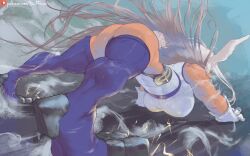 1girl absurdres all_fours animal_ears arched_back ass bare_shoulders boku_no_hero_academia breasts clothing_cutout commentary covered_abs covered_navel crescent_print dark-skinned_female dark_skin duffmox english_commentary facing_away floating_hair from_side gloves highleg highleg_leotard highres large_breasts leotard long_eyelashes long_hair mirko patreon_username purple_thighhighs rabbit_ears rabbit_girl rabbit_tail sleeveless_turtleneck_leotard solo tail tail_through_clothes taut_leotard thick_thighs thighhighs thighs tiptoes toned toned_female very_long_hair white_gloves white_hair white_leotard