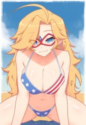 1girl absurdres ahoge american_flag american_flag_bikini american_flag_print beach bikini blonde_hair blue_eyes blue_sky breasts cleavage closed_mouth cloud collarbone commentary curvy eyes_visible_through_hair flag_print flag_print_bikini highres kamen_america kamen_america_(comic) long_hair looking_at_viewer navel print_bikini sky smile solo_focus swimsuit thick_thighs thighs xyronii