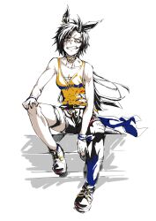 Rule 34 | 1girl, absurdres, air shakur (umamusume), animal ears, black hair, black shoes, breasts, clenched teeth, collarbone, commentary, fingernails, full body, grimace, highres, horse ears, horse girl, horse tail, long hair, looking at viewer, shirt, shoes, simple background, sitting, sleeveless, sleeveless shirt, small breasts, solo, tail, teeth, umamusume, white background, yellow eyes, yellow shirt, yuki usagi (agtd5758)