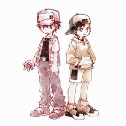 2boys backwards_hat belt belt_buckle buckle closed_mouth commentary ethan_(pokemon) hair_between_eyes hands_in_pockets hat highres holding holding_poke_ball jacket looking_at_viewer male_focus multiple_boys nintendo open_clothes open_jacket pants poke_ball poke_ball_(basic) pokemon pokemon_gsc red_(pokemon) shirt shoes short_hair shorts smile socks tan_carbonnn