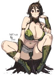 1girl :/ armlet bare_shoulders boots breasts brown_hair cleavage closed_mouth dated earrings elf full_body green_boots grey_skirt head_rest highres houtengeki huge_breasts jewelry knee_boots looking_at_viewer original pointy_ears red_eyes simple_background sitting sitting_on_tree_stump skindentation skirt solo stomach thigh_strap thighs underboob white_background