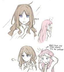 2girls bang_dream! bang_dream!_it&#039;s_mygo!!!!! bite_mark bite_mark_on_neck blue_eyes chihaya_anon commentary english_commentary english_text grey_eyes long_sleeves multiple_girls nagasaki_soyo niigouki pink_hair shirt simple_background sweatdrop white_background white_shirt yuri