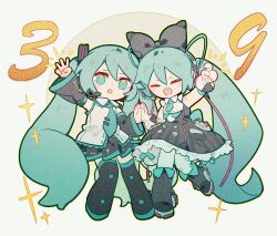 2girls :o aqua_eyes aqua_hair aqua_necktie bare_shoulders black_bow black_footwear black_skirt black_sleeves blush_stickers boots bow buttons cable circle closed_eyes collared_shirt commentary deformed detached_sleeves dress dual_persona eyelashes finger_counting frilled_dress frills full_body gloves hair_bow hair_ornament hashtag-only_commentary hatsune_miku headphones headpiece highres knee_boots lace lace-trimmed_collar lace-trimmed_shirt lace_trim long_hair long_sleeves looking_at_viewer magical_mirai_(vocaloid) magical_mirai_miku magical_mirai_miku_(2016) miniskirt multiple_girls necktie open_mouth outline palms_together pleated_skirt shirt short_dress simple_background skirt sleeveless sleeveless_shirt smile sparkle thigh_boots thighhighs tie_clip twintails v-shaped_eyebrows very_long_hair vocaloid white_background white_gloves white_shirt wide_sleeves yellow_outline z6 zettai_ryouiki