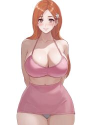1girl alternate_costume arms_behind_back bare_shoulders bleach blush breasts cleavage closed_mouth collarbone commentary cowboy_shot crop_top flower_hairpin hair_behind_ear hair_ornament hairclip halterneck heyy_vivii highres inoue_orihime large_breasts long_hair looking_at_viewer midriff midriff_peek miniskirt navel navel_peek orange_eyes orange_hair panties pencil_skirt pink_lips pink_skirt pink_top skirt smile solo spaghetti_strap straight-on thigh_gap thighs underwear white_background white_panties