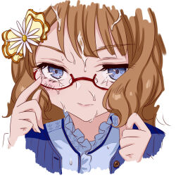 Rule 34 | 1girl, blue eyes, blush, brown hair, cum, cum on eyewear, flower, glasses, hair flower, hair ornament, idolmaster, idolmaster million live!, idolmaster million live! theater days, kouno tooru (stoneandrose123), looking at viewer, medium hair, short hair, solo, suou momoko, wavy hair